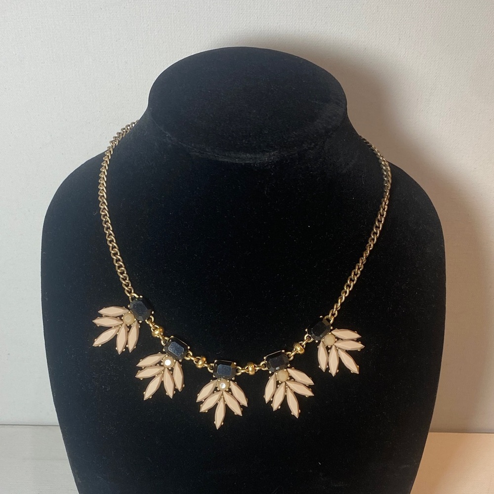 J. Crew Gold Statement Necklace with Black and Cream Faceted Beaded Accents VGUC